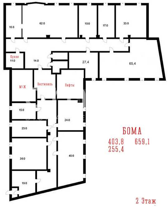 Планировка офиса 255.4-659.1 м², 2 этаж, БЦ «Алексеевский Дом»