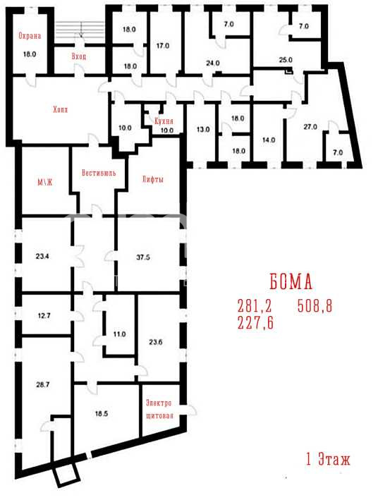 Планировка офиса 227.6-508.8 м², 1 этаж, БЦ «Алексеевский Дом»